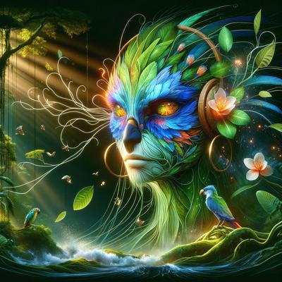 The primary subject of the image is a face with a green and blue color scheme, wearing headphones. The face is surrounded by a lush green forest, creating a serene and natural atmosphere. The visual style of the image is a combination of digital art and illustration, showcasing the intricate details of the face and the vibrant colors of the forest. The colors and mood of the image are predominantly green and blue, reflecting the natural environment and the calming effect of the headphones.